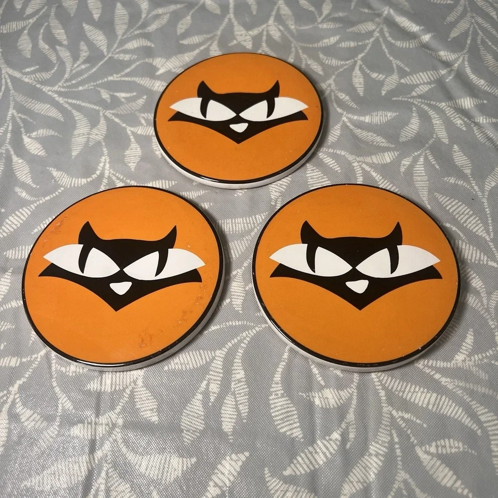 Orange kitschy big eye cat Halloween coasters set of‎ 3